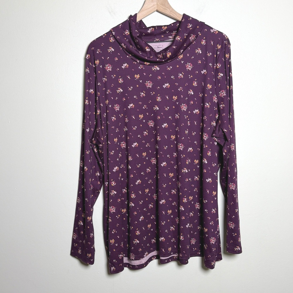 LL Bean Womens Supima Cotton Top 3X-Plus Purple Floral Mock Neck Cottagecore
